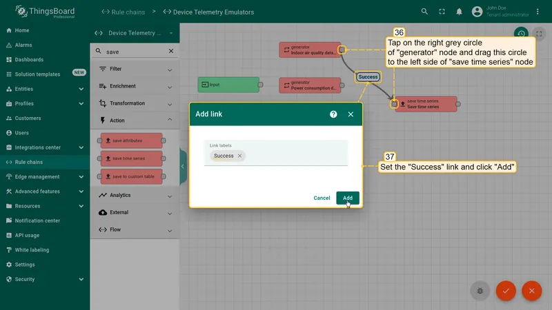 Rule chain editor showing multiple generator nodes connected to save time series node