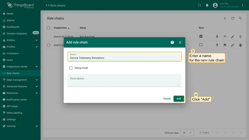 Add rule chain dialog with name field filled as Device Telemetry Emulators and Add button highlighted