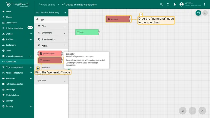 Rule chain editor with generator node selected in the palette