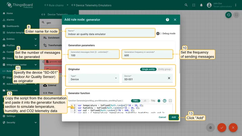 Add rule node generator dialog for Indoor air quality data emulator with parameters and script visible