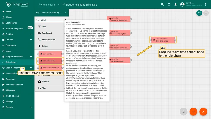 Rule chain editor with save time series node selected in the palette