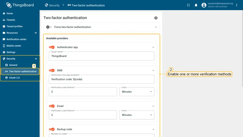 Two-factor authentication settings — Available providers