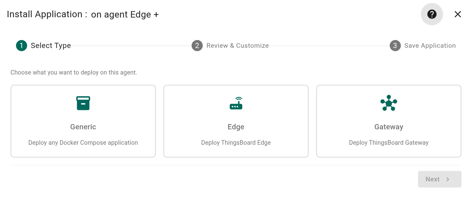 Install Application dialog on an agent: Generic, Edge or Gateway