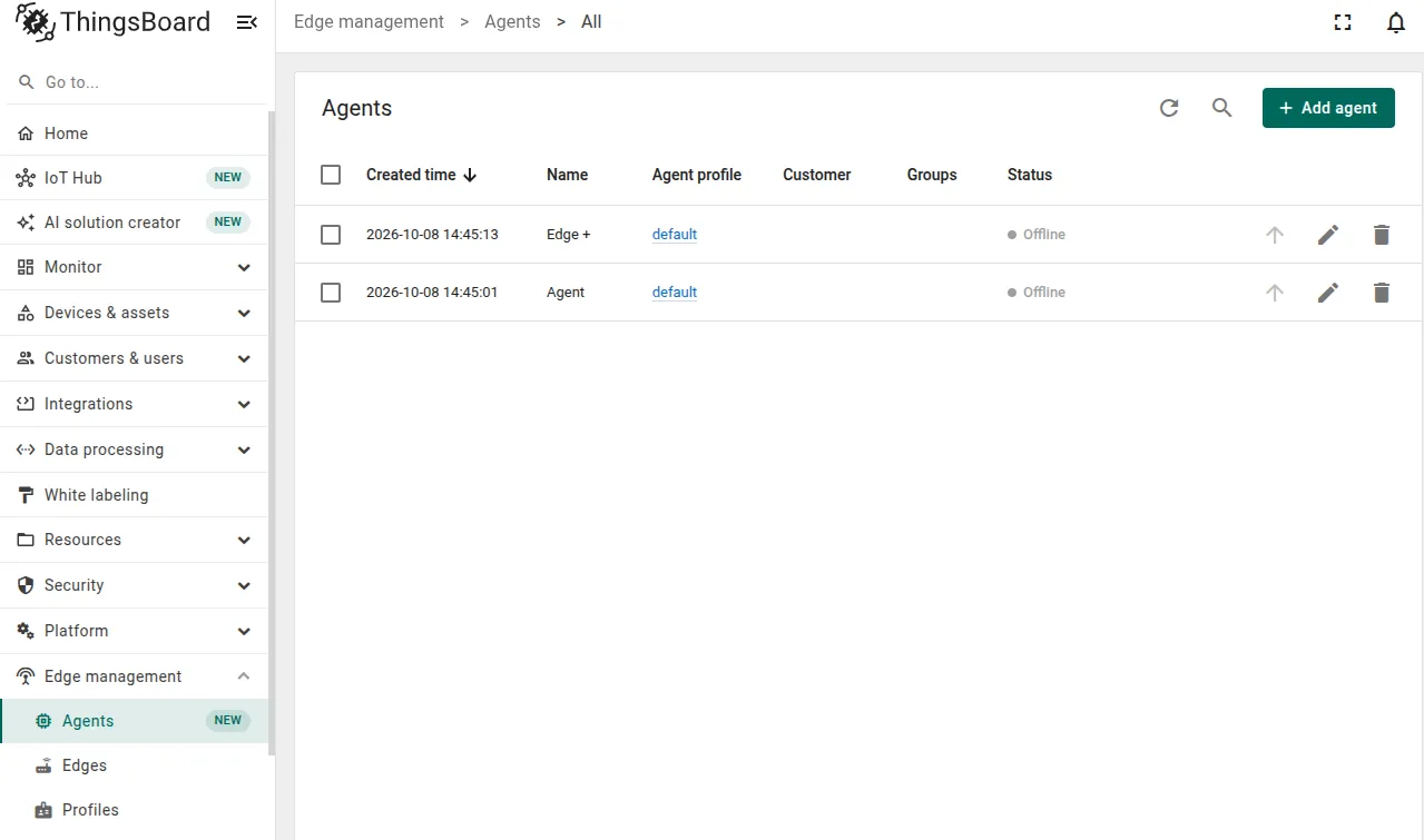 The Agents page in ThingsBoard, opened from Edge management in the sidebar