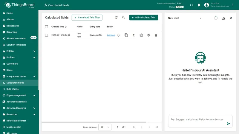 AI Assistant panel on the Calculated fields page