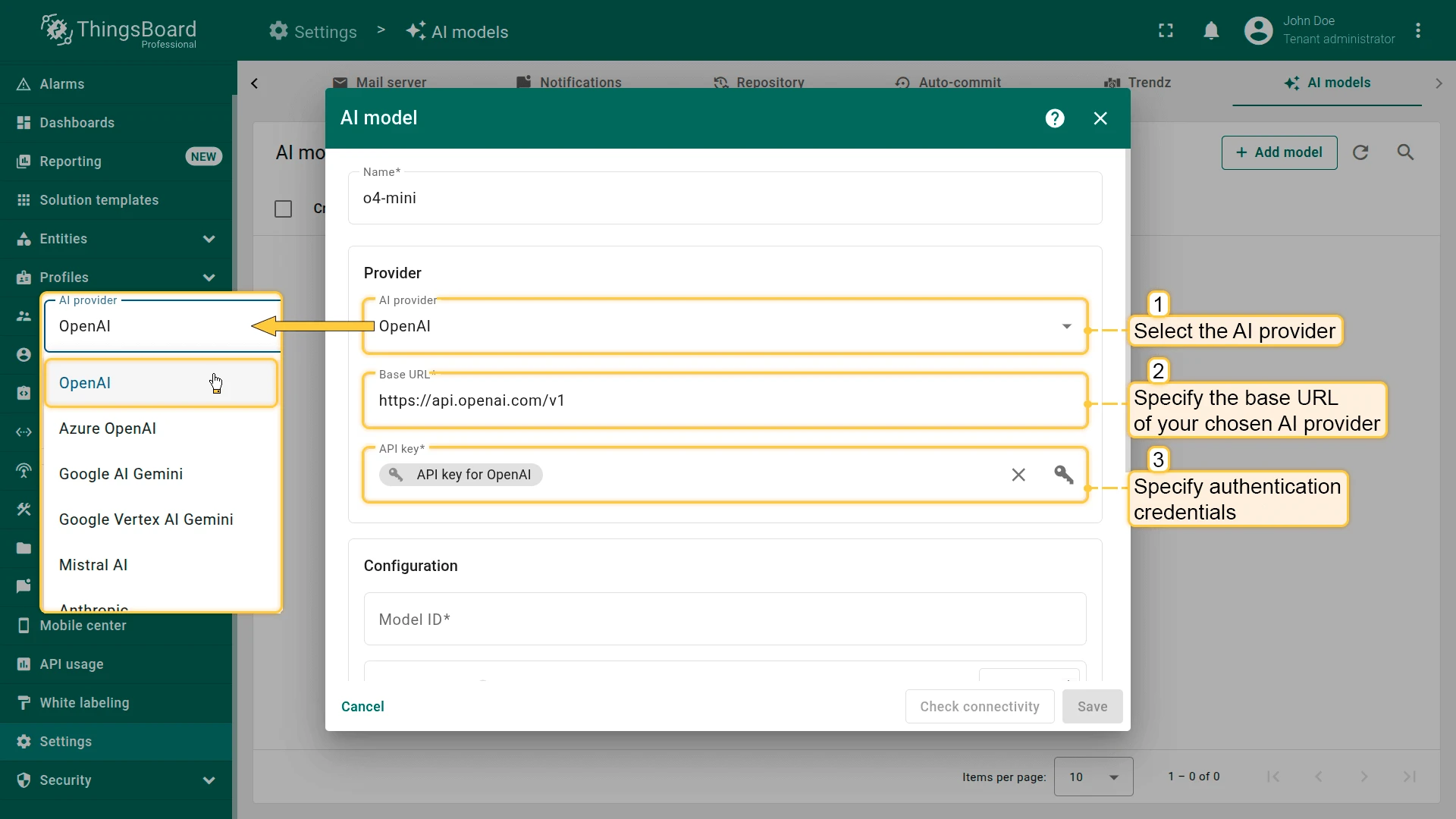 AI provider dropdown