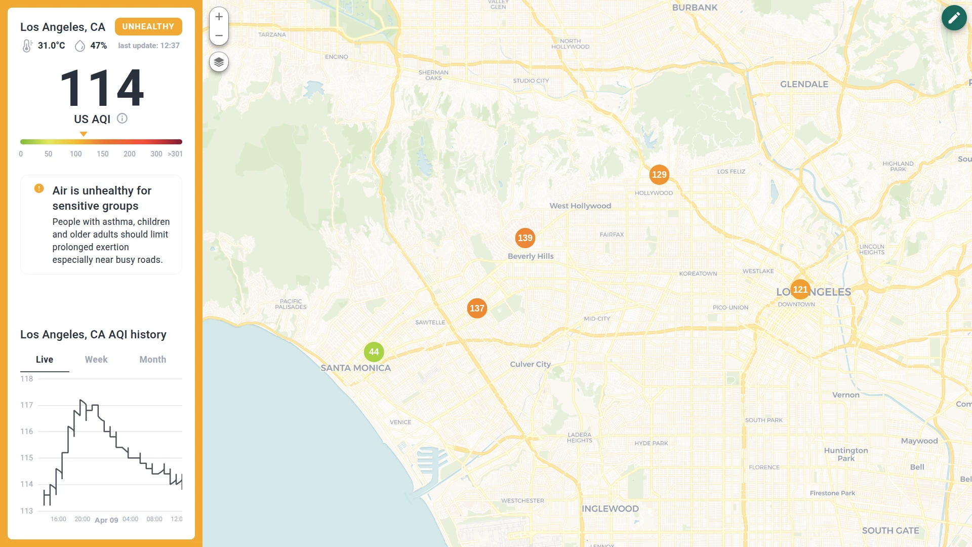 Public AQI dashboard showing Los Angeles air quality overview