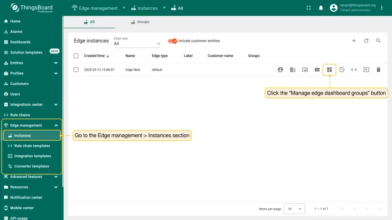 Click Manage edge dashboard groups on the Edge instance