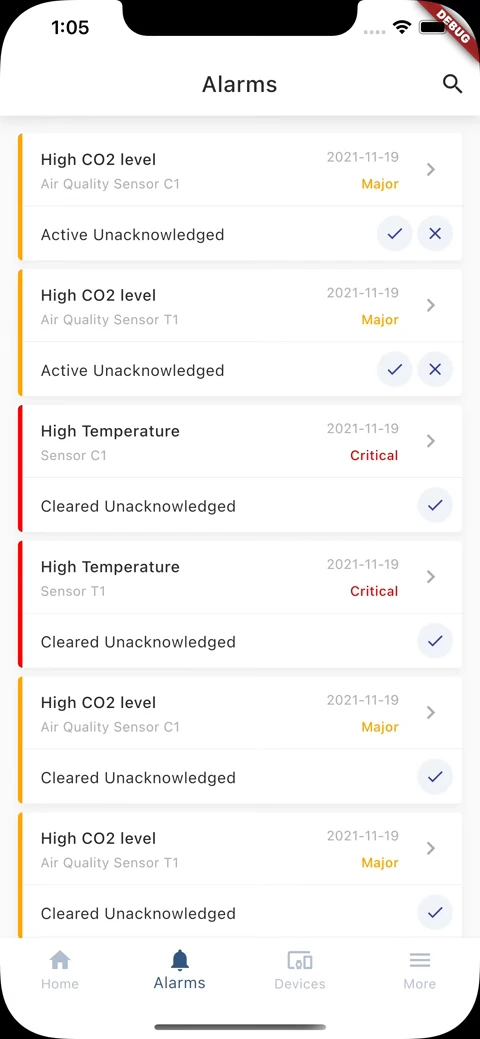 Alarm details dashboard in mobile app