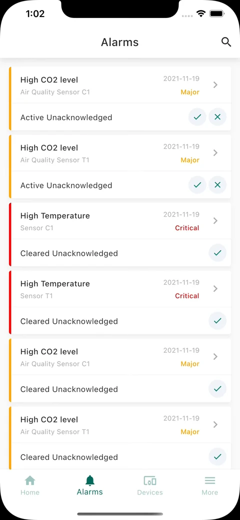 Alarm details dashboard in mobile app