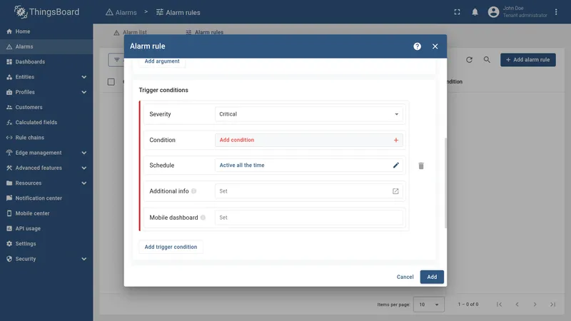 Trigger conditions section with Critical severity and Add condition button