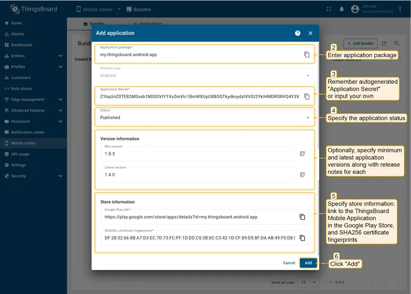 Android application form showing package name, secret, status, versions, and store info fields