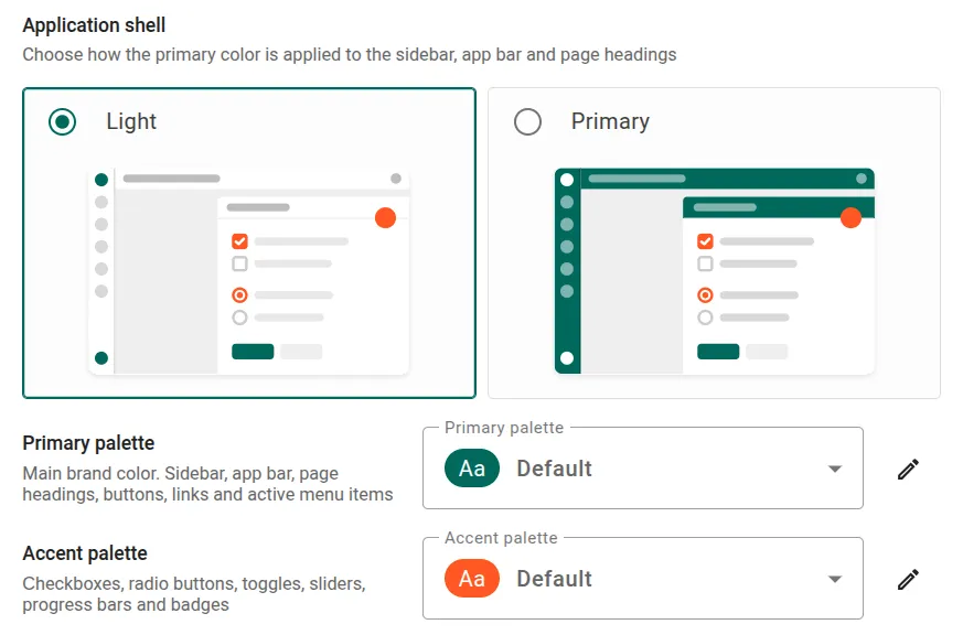 White-labeling Appearance settings: Light or Primary application shell, primary and accent palettes