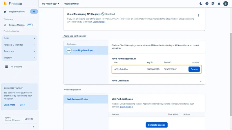 APNs authentication key uploaded
