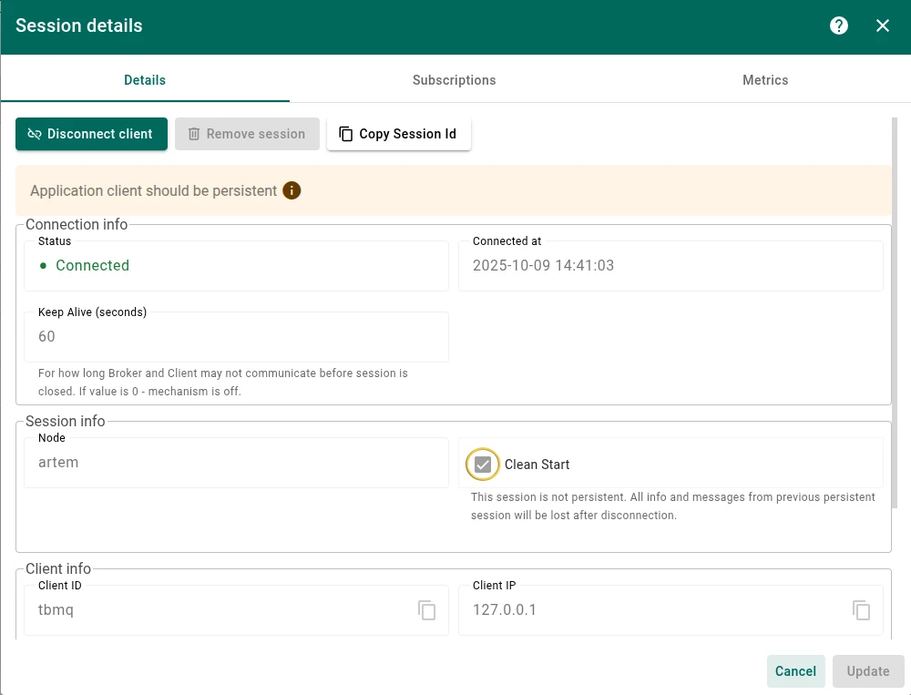 Warning displayed on session details page for a non-persistent APPLICATION client
