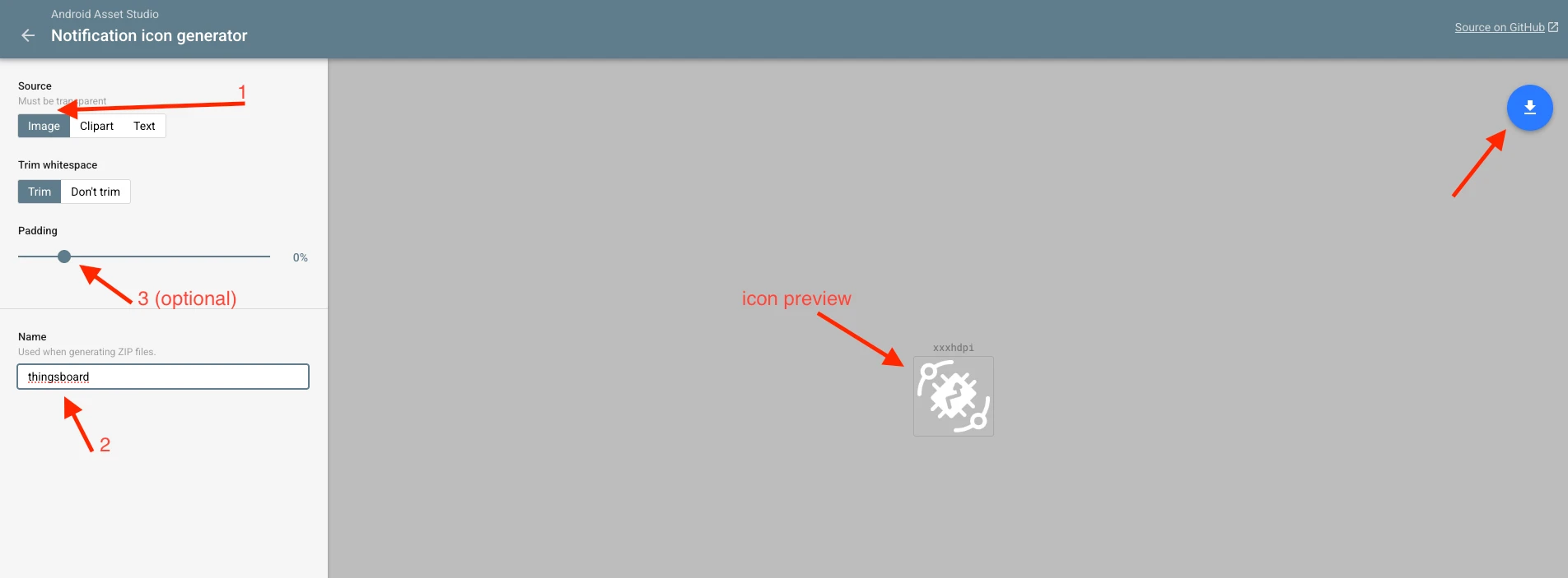Android Asset Studio notification icon configuration flow