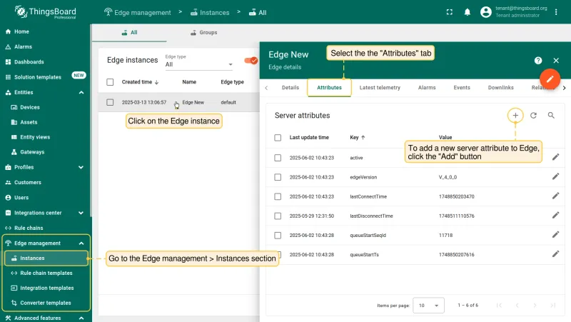 Edge Attributes tab — click + to add a server attribute