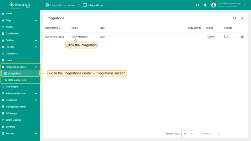 CoAP integration visible on the Edge under Integration center
