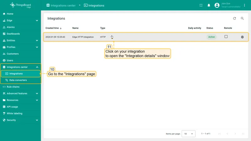 HTTP integration visible on Edge under Integration center