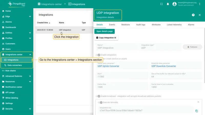 UDP integration visible on Edge under Integration center