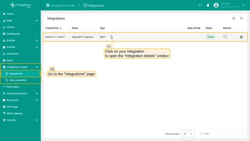 MQTT integration visible on Edge under Integration center