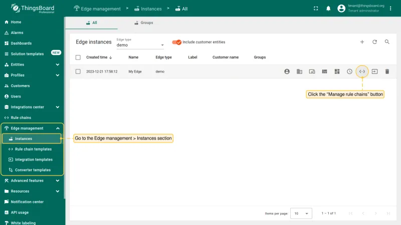Edge instance context menu with Manage rule chains option (PE)