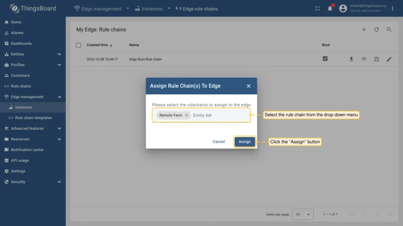 Dialog to select a rule chain template to assign