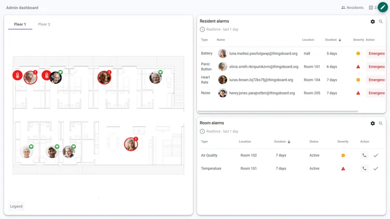 Assisted living dashboard with floor plan and resident markers