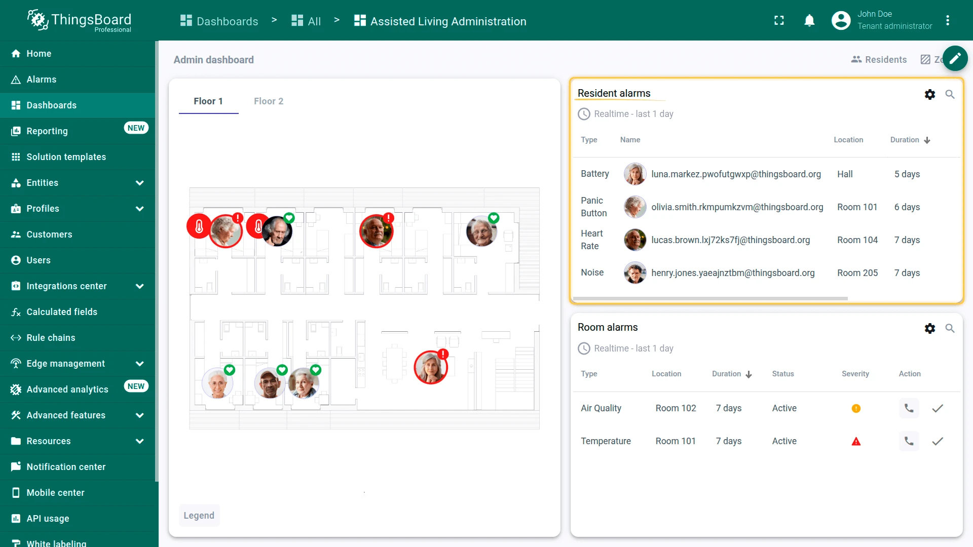 Resident alarms with health events and quick actions