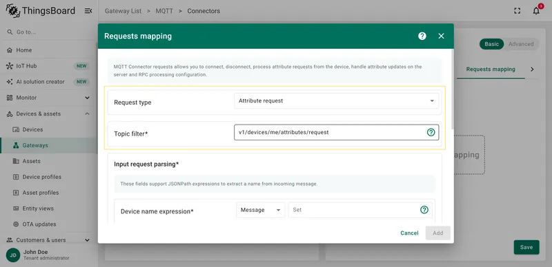 Select Attribute request type and fill Topic filter