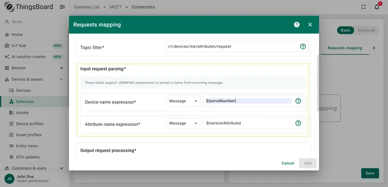 Configure device name and attribute name expressions