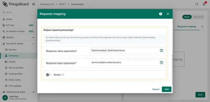 Configure response topic and value expression