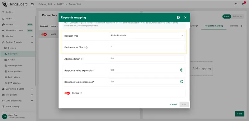Select Attribute update type and enter Device name filter