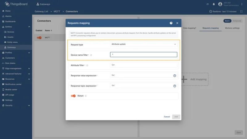 Select Attribute update type and enter Device name filter