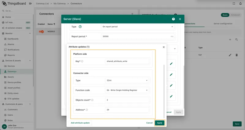 Set an attribute key name, type, function code, objects count, and address