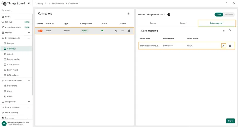 Select OPC-UA connector, click Data mapping, click Pencil icon