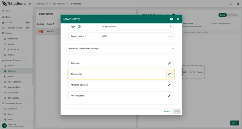 Click on pencil icon in the Attributes or Time series section
