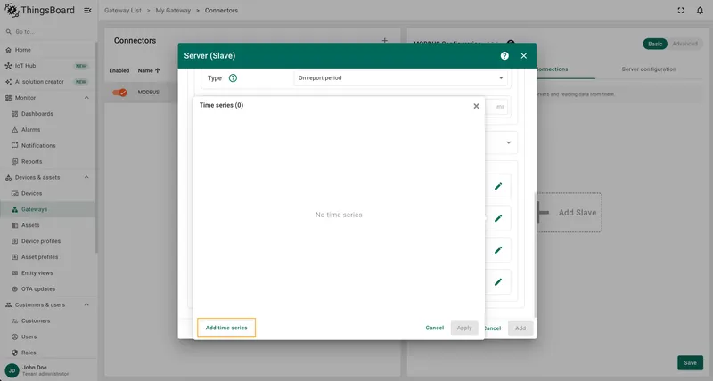 In the opened window click Add attribute or Add time series