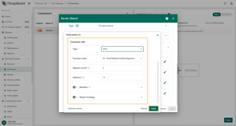 Fill in key, type, function code, objects count and address fields