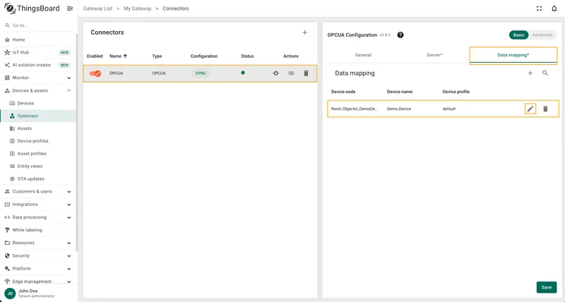 Select OPC-UA connector, click Data mapping