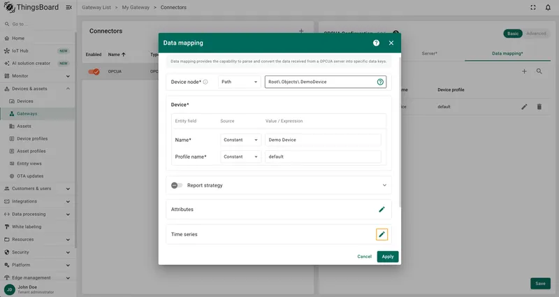 Click on the pencil icon next to Time series or Attributes section