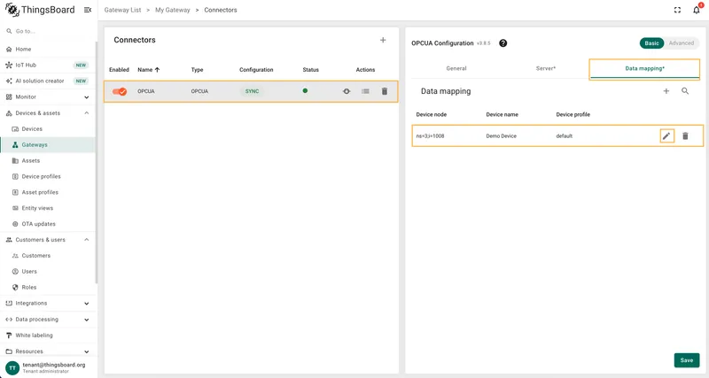 Select OPC-UA connector, click Data mapping