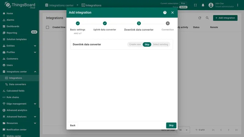 Add integration wizard — Downlink data converter: Skip button highlighted