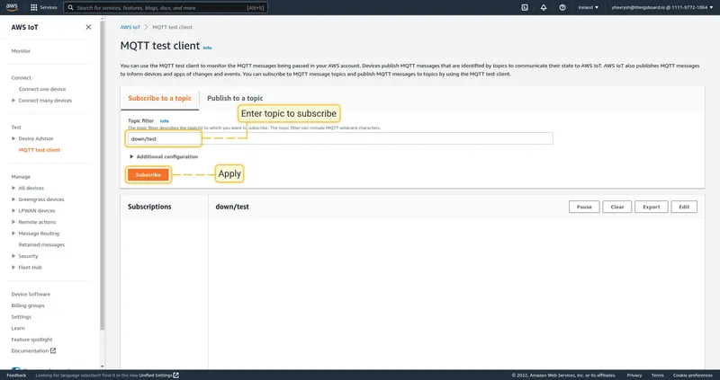AWS MQTT test client — Subscribe to a topic tab with down/test topic entered and subscribed