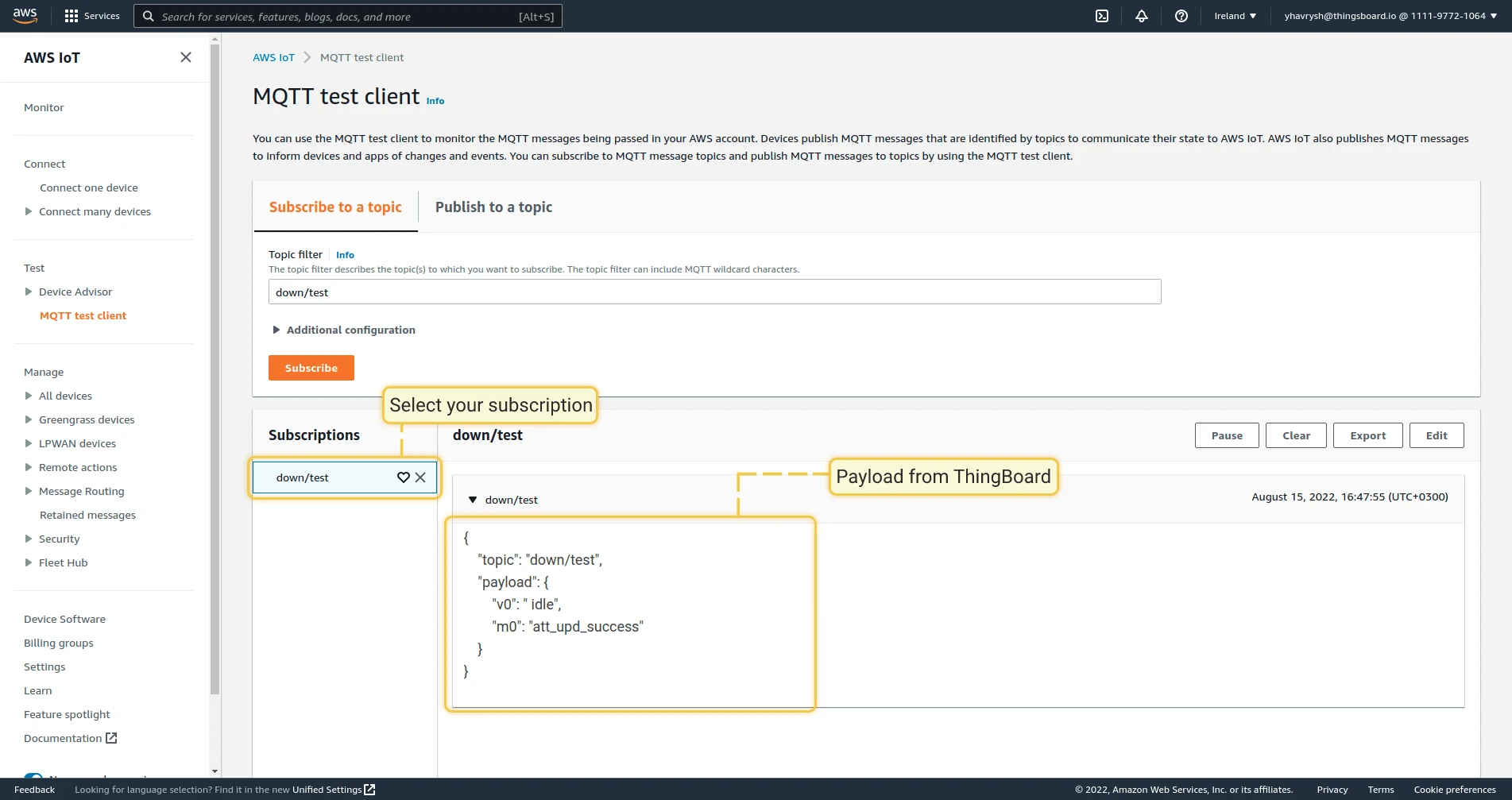 AWS MQTT test client — down/test subscription showing received payload with v0 idle and m0 att_upd_success