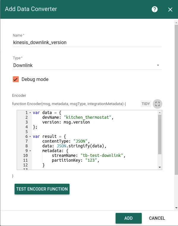 Add Data Converter dialog — name kinesis_downlink_version, type Downlink, JavaScript encoder showing devName, version, streamName tb-test-downlink, and partitionKey fields