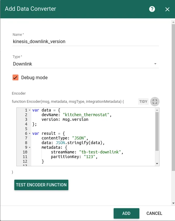 Add Data Converter dialog — name kinesis_downlink_version, type Downlink, JavaScript encoder showing devName, version, streamName tb-test-downlink, and partitionKey fields