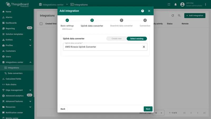 Add integration wizard — Uplink data converter step: Select existing tab active with AWS Kinesis Uplink Converter selected