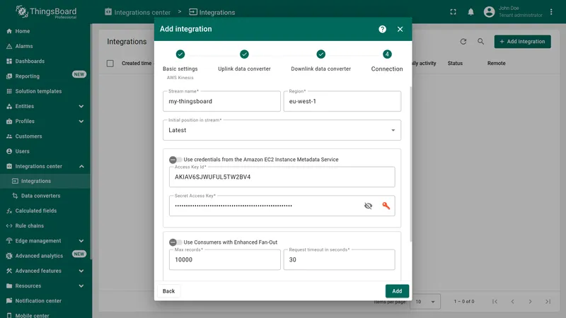 Add integration wizard — Connection step: Stream name my-thingsboard, Region eu-west-1, Initial position Latest, EC2 credentials checkbox unchecked, Access Key ID and Secret Access Key filled, Use Consumers with Enhanced Fan-Out enabled showing Max records 10000 and Request timeout in seconds 30