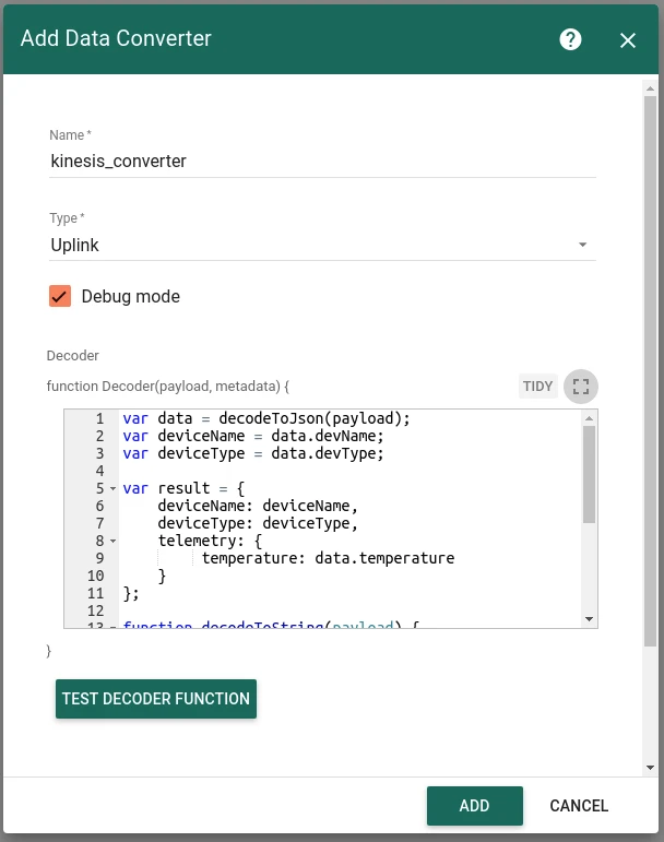Add Data Converter dialog — name kinesis_converter, type Uplink, JavaScript decoder showing decodeToJson, devName, devType, and temperature fields